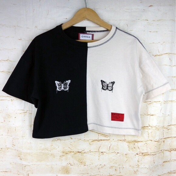 CHNGE T-Shirt Women S Black Ivory Split Butterfly Crop Boxy Two-Tone Sustainable - Picture 1 of 11
